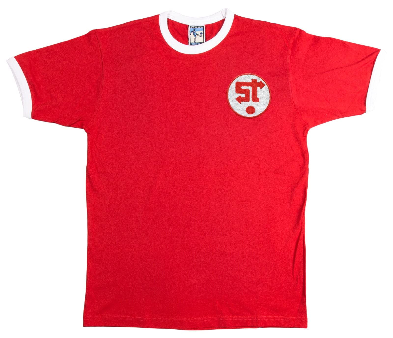 Old School Football Men's Red/White Swindon 1980S Retro Football T Shirt Embroide Logo