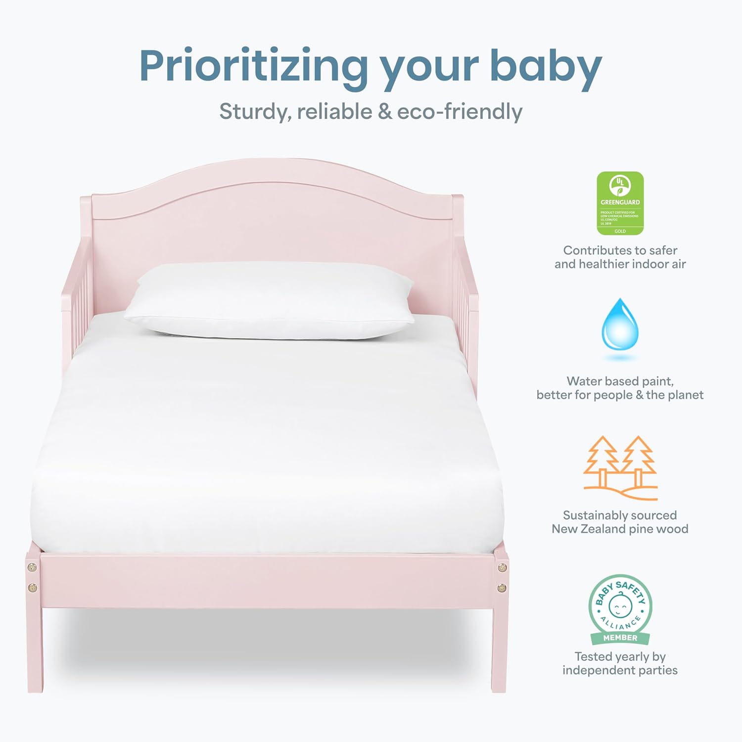 Dream On Me Sydney Toddler Bed with Low Floor Design, 2 Safety Guard Rails, Sturdy Wooden Slat Support, Durable New Zealand Pinewood, Baby Safety Alliance & Greenguard Gold Certified - Blush Pink