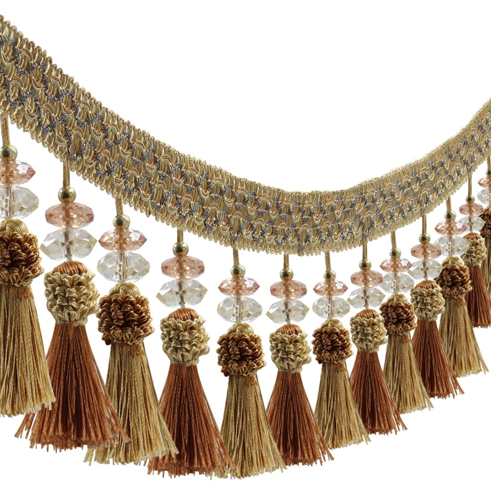 Tassel Fringe Hanging Ball Trim Tape for Curtain Braided Bead Trimming for Lampshades 2 Yards (Gold)