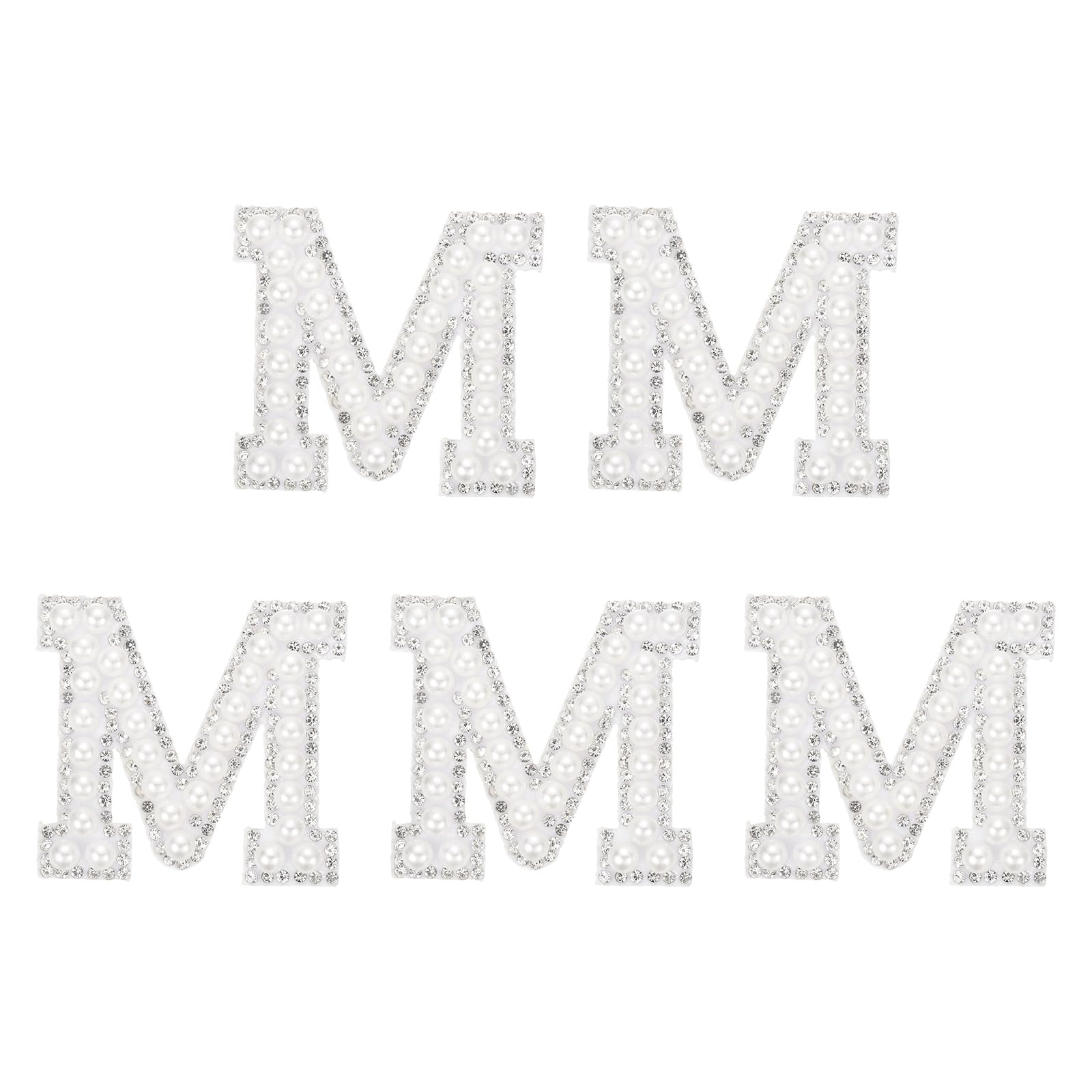 sourcing map 5 Pcs Iron on Pearl Letter M Patches, Pearl Rhinestone A-Z Alphabet Self Adhesive Sew on Patches, Glitter Letter Applique for Clothes Fabric DIY Backpack, White