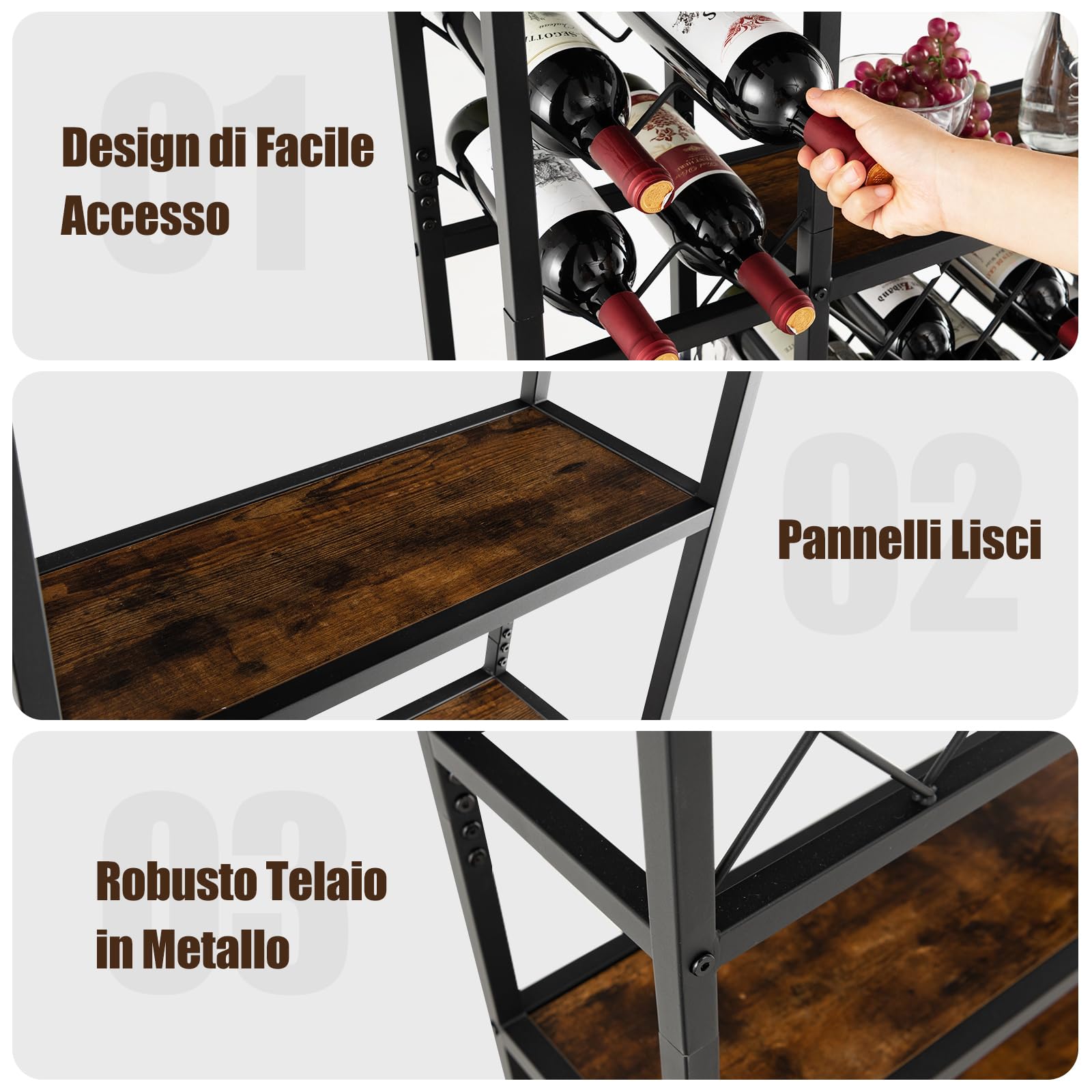 COSTWAY Portabottiglie da Terra, Cantinetta Portabottiglie Vino con Telaio in Metallo e 6 Ripiani, per 27 Bottiglie di Vino e 12 Bicchieri, per Cucina, Sala da Pranzo, 81 x 23 x 166 cm