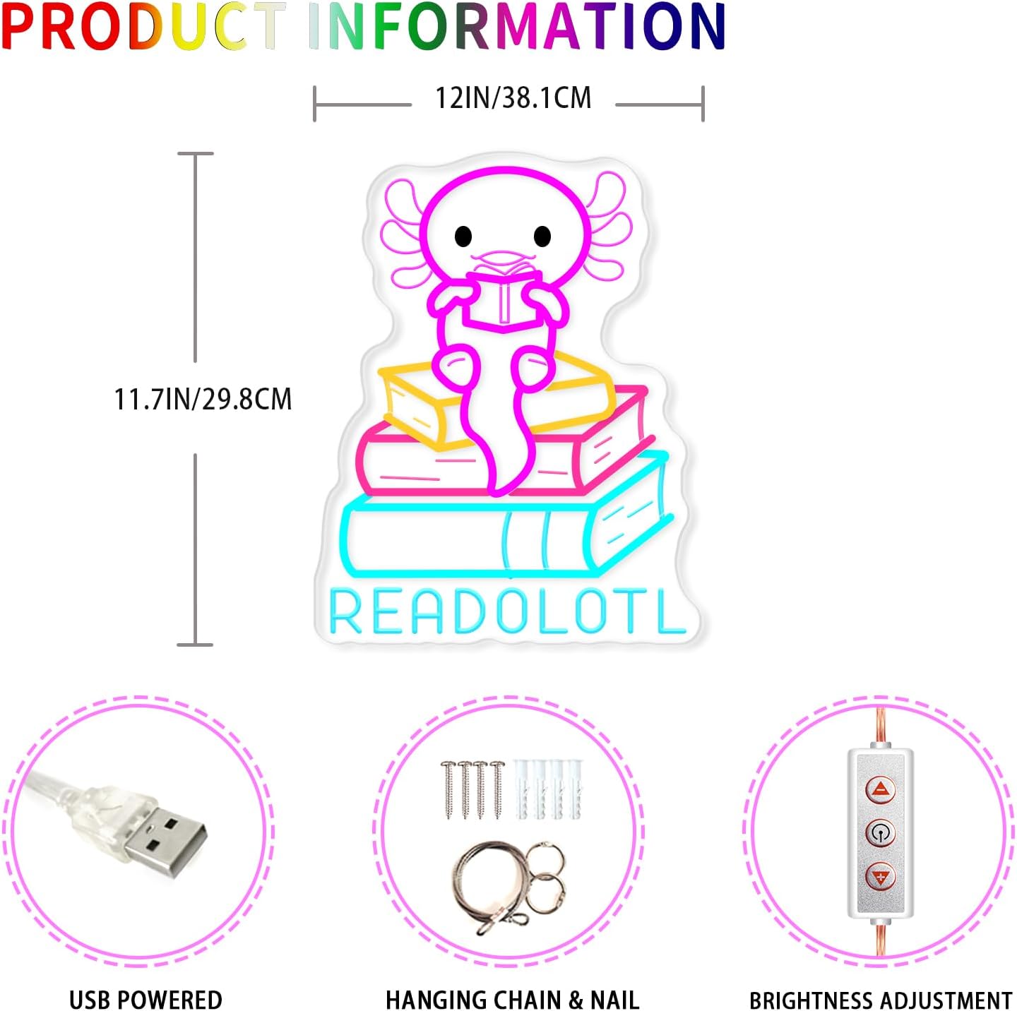 Readolotl Neon Sign,Axolotl Reading Book LED Sign Light for Classroom Decor,USB Powered Mexican Salamander Books Light Up Night Light Lamp For Classroom Bookworm Book Reading Room