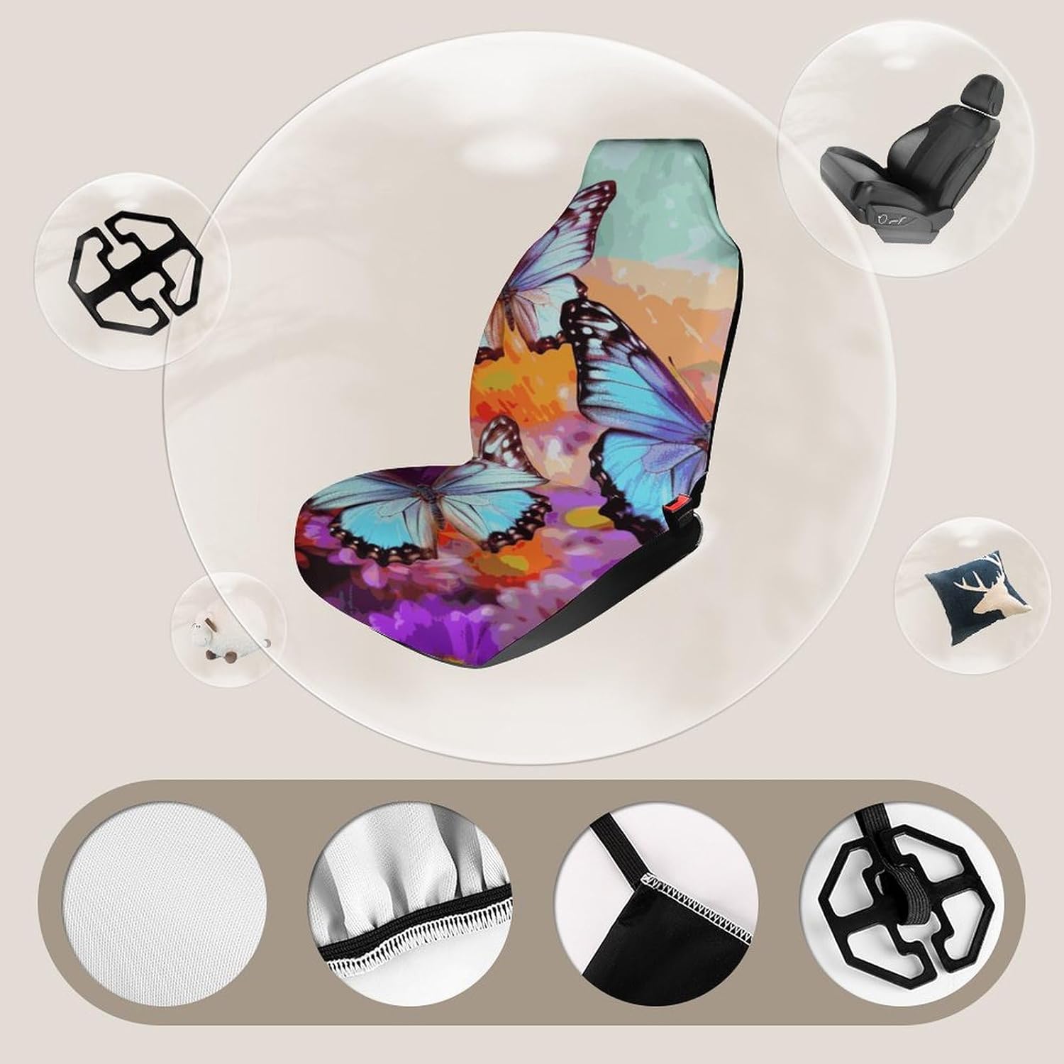 Car Seat Covers Full Wrap Protection Seat Cushion Cover Flowers Colorful Butterfly Anti-Slip Car Seat Protector Fits Most Cars