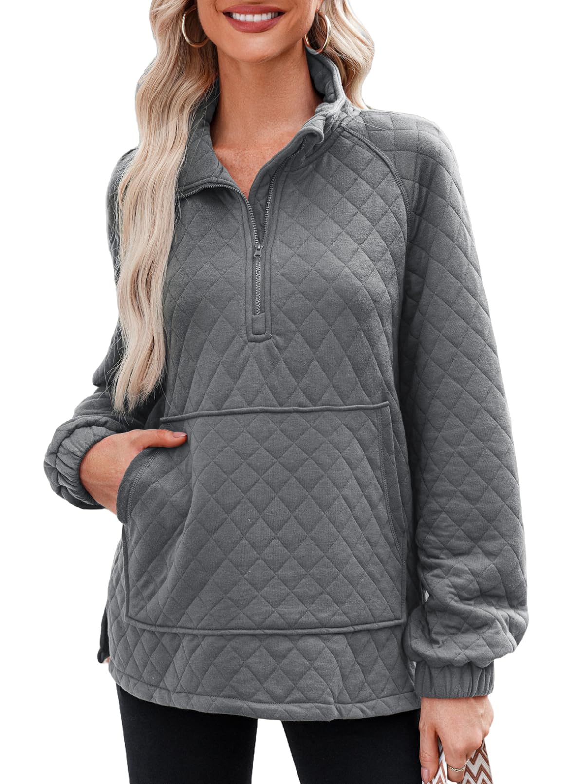 Dokotoo Womens Fashion Half Zip Pullover Casual Quilted Pattern Long Sleeve Oversized Sweatshirts with Pockets