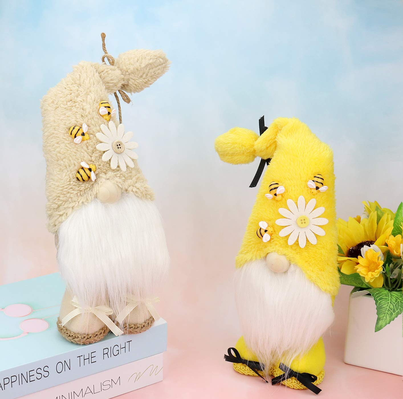 Lilwemen 2 PCS Bumble Bee Gnomes Plush Decor - Scandinavian Tomte Nisse Swedish Handmade Spring Sunflower Bumble Plush Ornaments Honey Bee Elf Home Farmhouse Kitchen. (2PCS-A)
