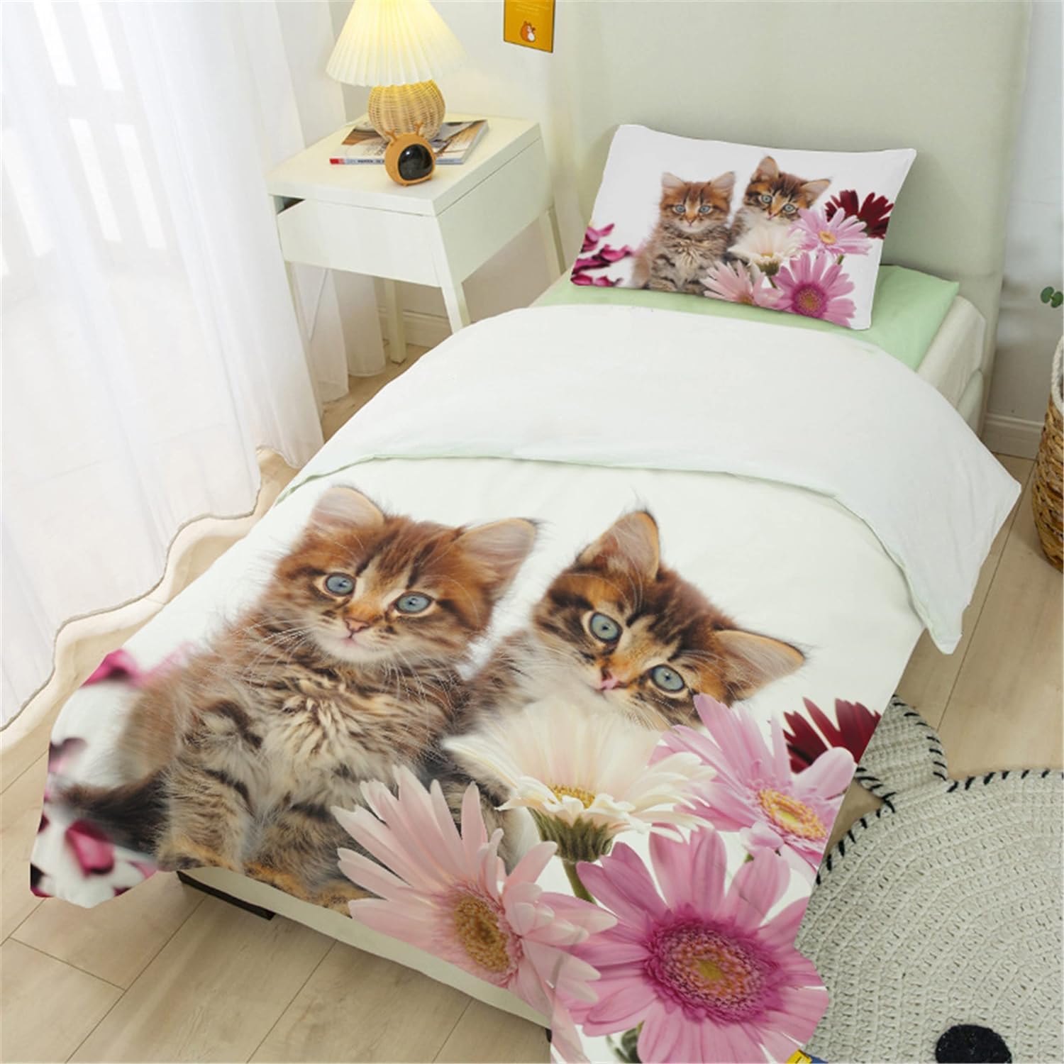 MUSOLEI Cat Single Bed Duvet Cover Set, 3D Printed Two Lovely Kitty with Pink Flowers Pattern Cute Bedding Set - Image 3
