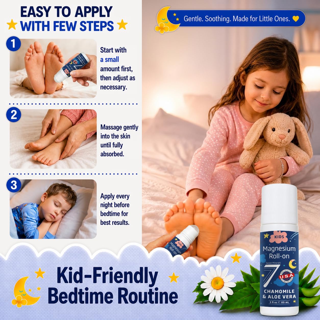 Seven Minerals Kids Magnesium Roll On for Sensitive Skin. USP Grade Magnesium Lotion for Children. Calming Bedtime Support with Chamomile & Aloe Vera, Easy Application, USA Made, 3 fl oz — Amazon image 3