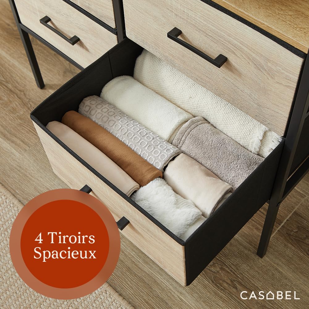 CASABEL Penderie Vêtements 4 Tiroirs en Tissu, Plateaux Bois et Métal Noir | Dressing ouvert, 4 tiroirs, Tringle à vêtements, Étagère supérieure, Gain de place, Structure robuste, Montage rapide