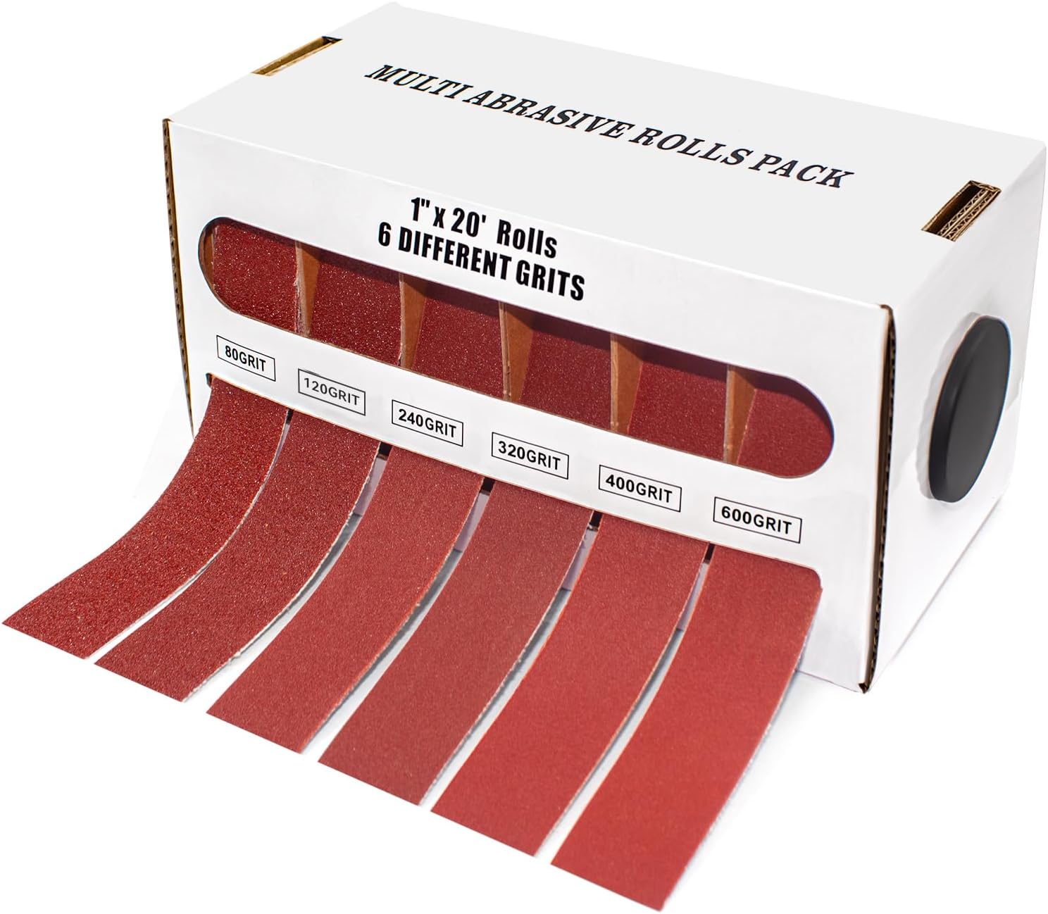 Emery Cloth Roll, 6 Grits, 1 Inch x 19.7 ft (6m) Sandpaper Roll 80 120 240 320 400 600, Emery Cloth for Metal, Wood, Automotive and Furniture, Wet/Dry Abrasive Cloth with Dispenser