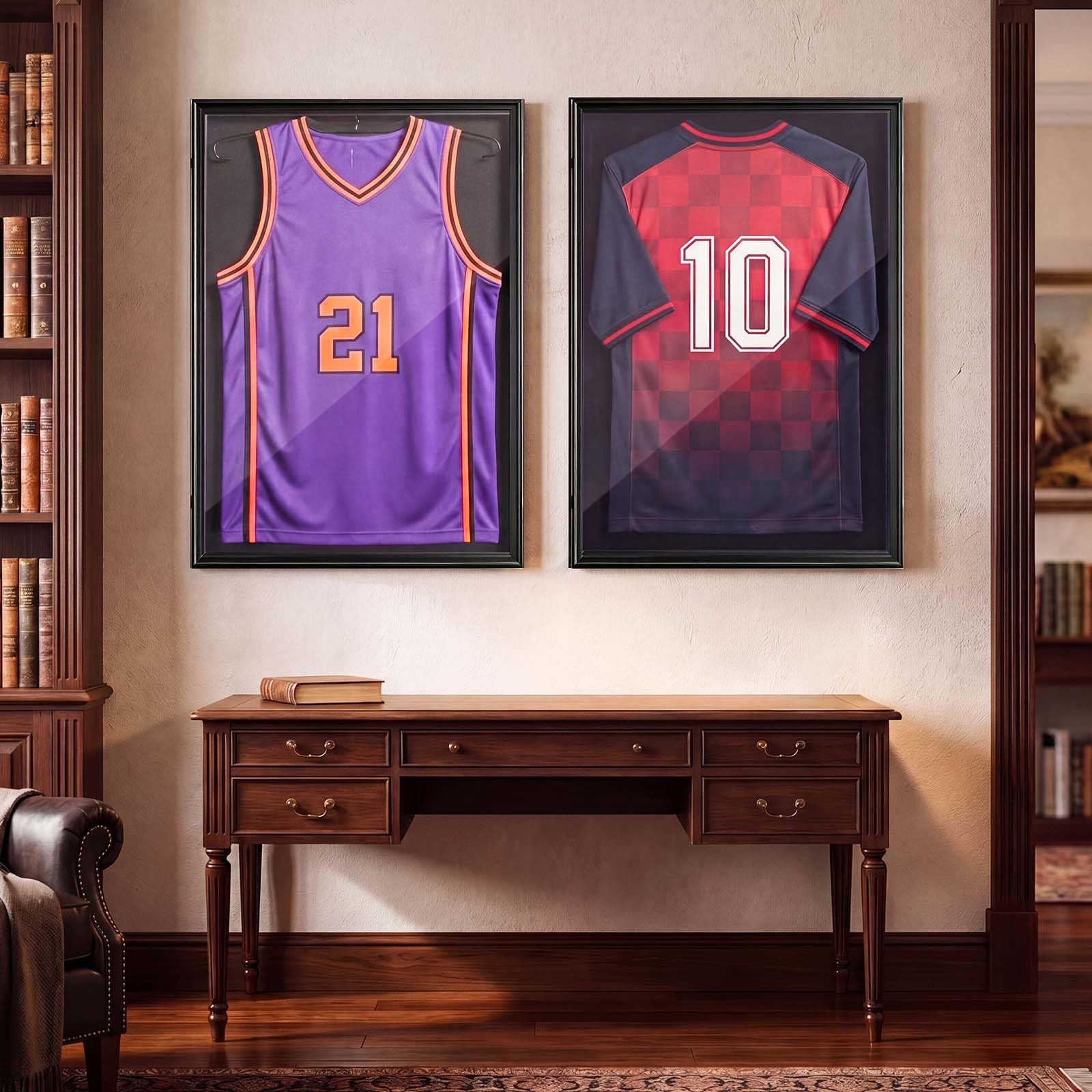 VEVOR Marco de Camisetas de Madera 71,8 x 92,5 x 4 cm, Vitrina para Camisetas Deportivas con Panel de Policarbonato con Protección UV, Expositor para Uniformes de Baloncesto, Fútbol, Béisbol, Negro