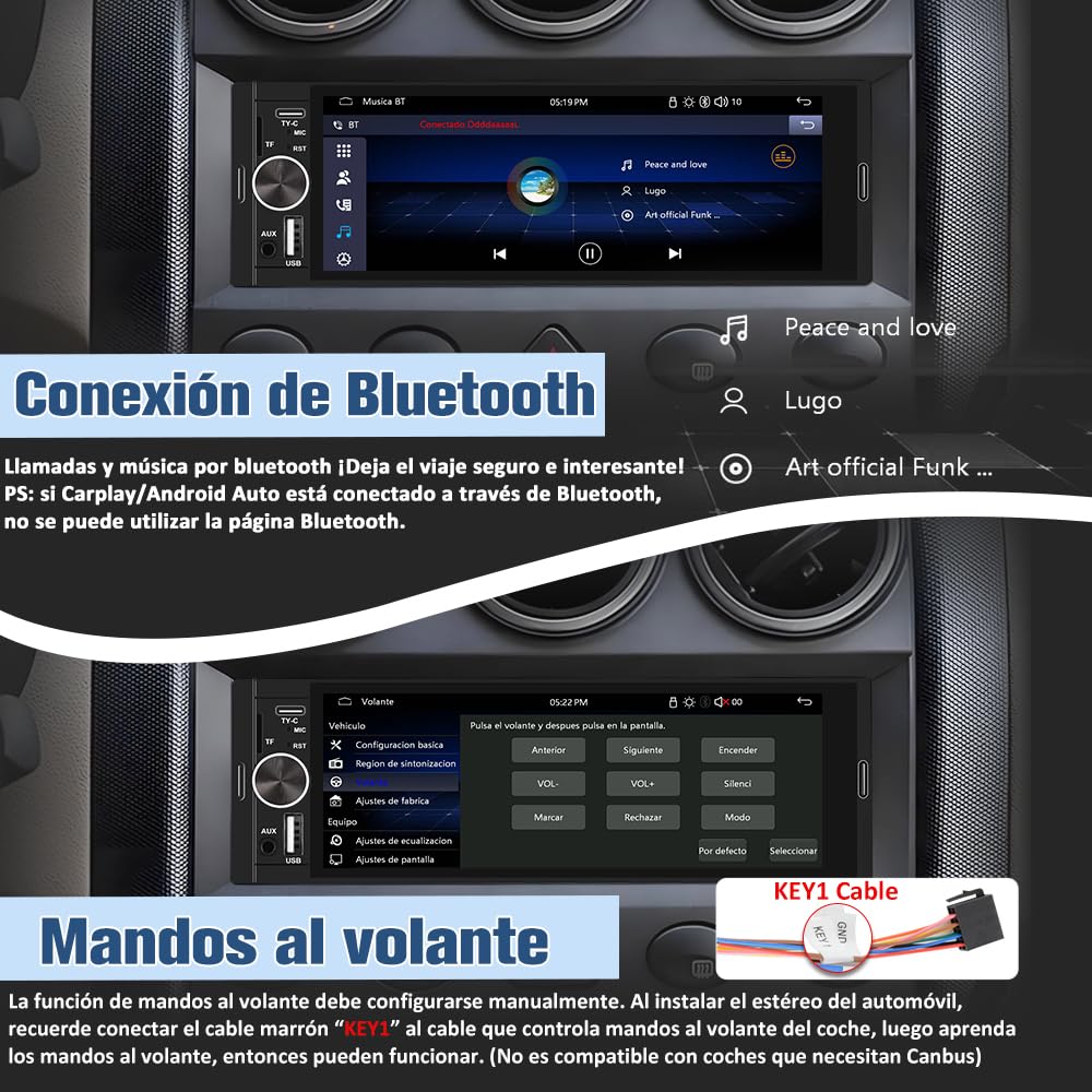 Radio de Coche 1 DIN Universal con Carplay y Android Auto Inalámbrico,Autoradio 1 DIN con Pantalla Táctil de 6.36 Pulgadas y Cámara Trasera, Admite Bluetooth/Mandos Volante/FM/USB/TF