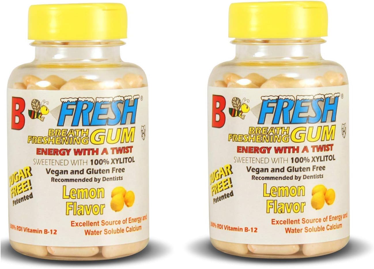 B Fresh Lemon Flavor Gum, 100% Xylitol Sweetened Gum, Natural Gum, Vegan, B12, Sugar Free, (2-Pack-200 Total Pieces)