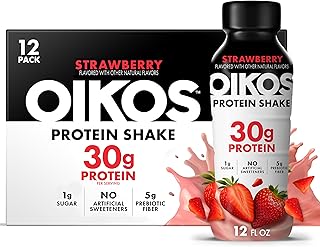 Oikos 30g Protein Shake, Strawberry, Shelf Stable, High Protein Drinks, Ready to Drink, 5g Prebiotic Fiber, 12 fl oz Bottle, 12 Count​