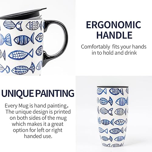 Miniatura 6 de Taza de café de viaje de cerámica con tapa, regalo para el hogar y la oficina, taza de té alta de porcelana de 17 onzas con mango de arte floral en
