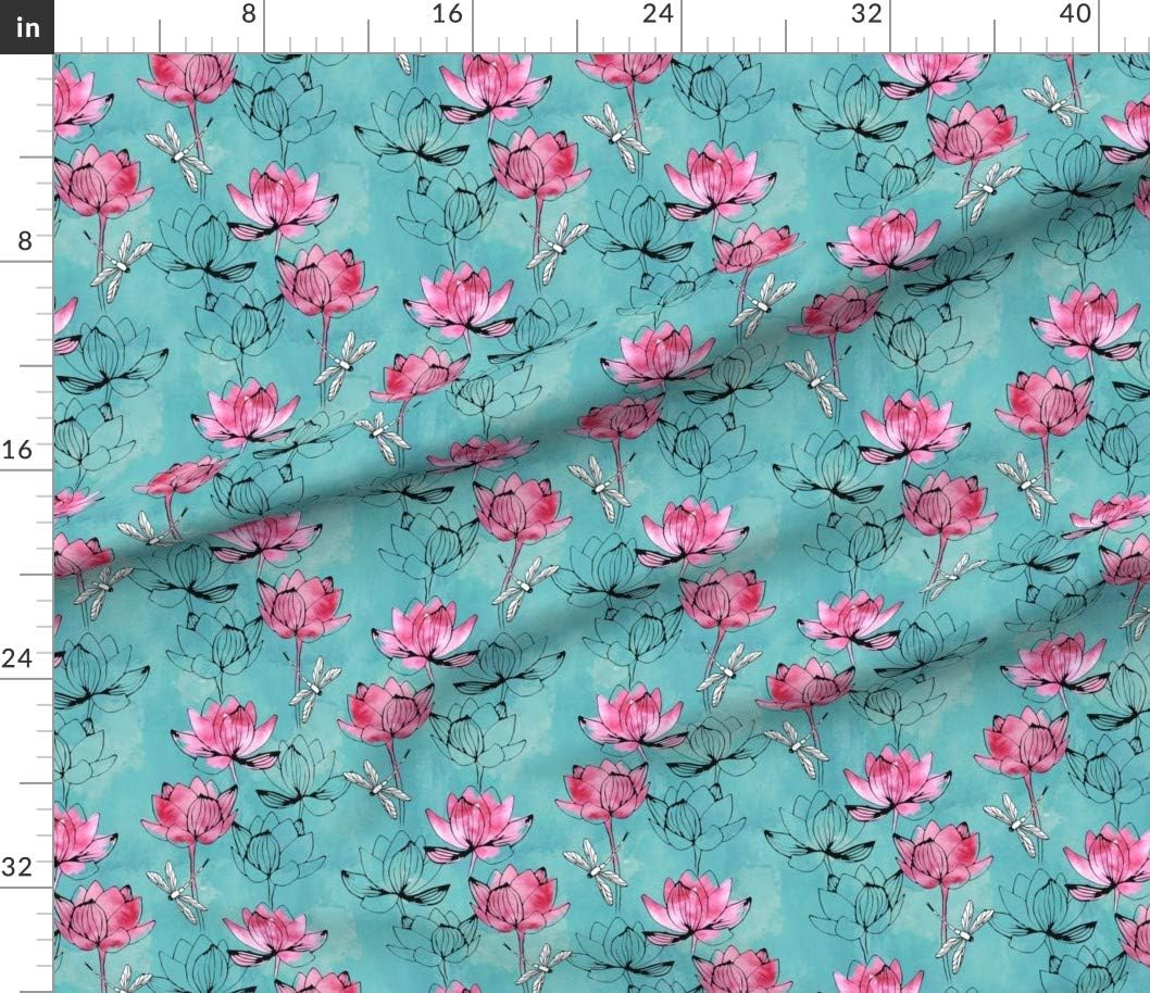 Spoonflower Fabric - Dragonfly Lotus Flower Teal Flowers Nature Insect Floral Turquoise Printed on Petal Signature Cotton Fabric by The Yard - Sewing Quilting Apparel Crafts Decor