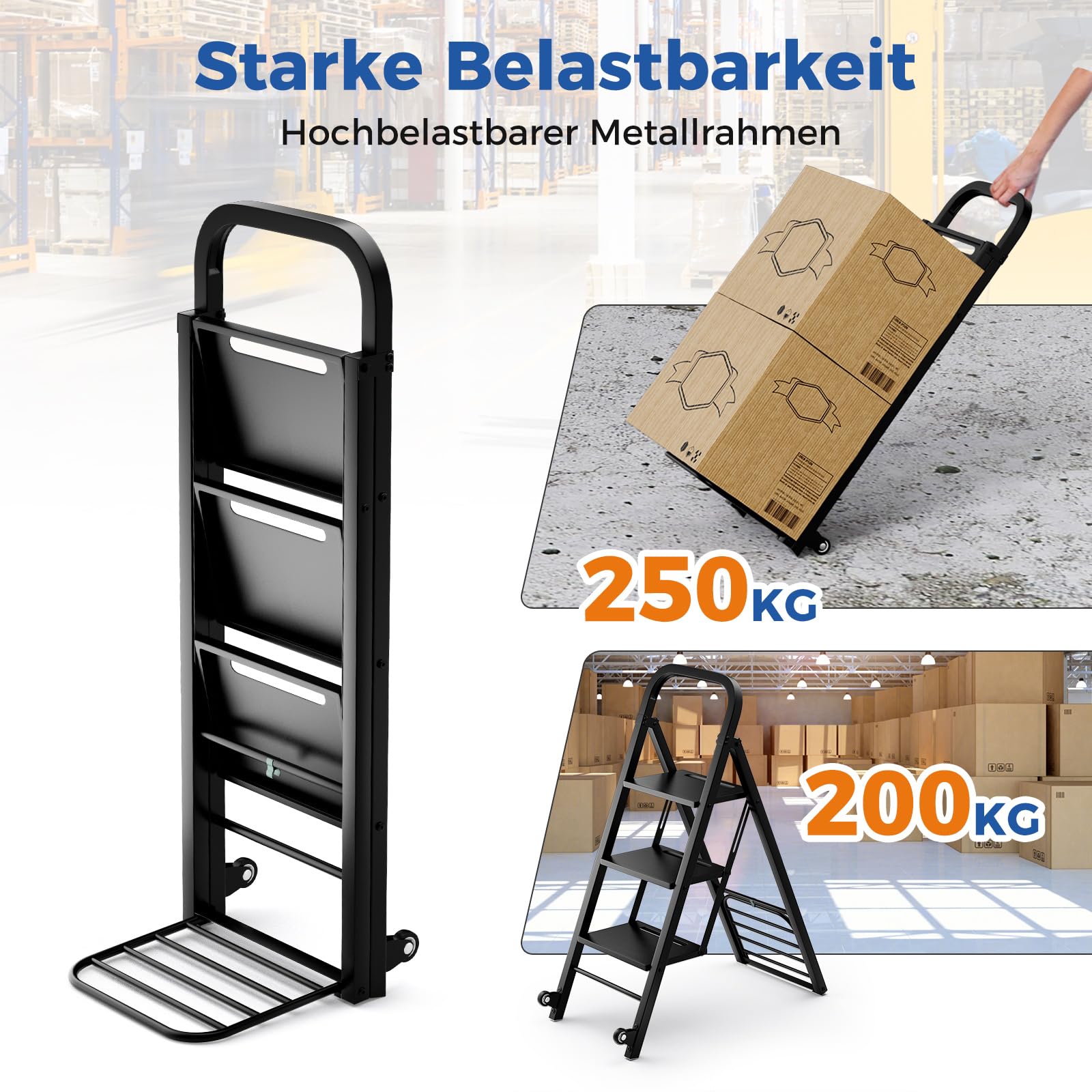 COSTWAY 2 in 1 Sackkarre & Trittleiter klappbar, 2 Räder Handwagen, Transportkarre Metall umwandelbar, Ladefläche 30 x 37cm, Karre bis 250kg / Leiter bis 200kg belastbar, schwarz