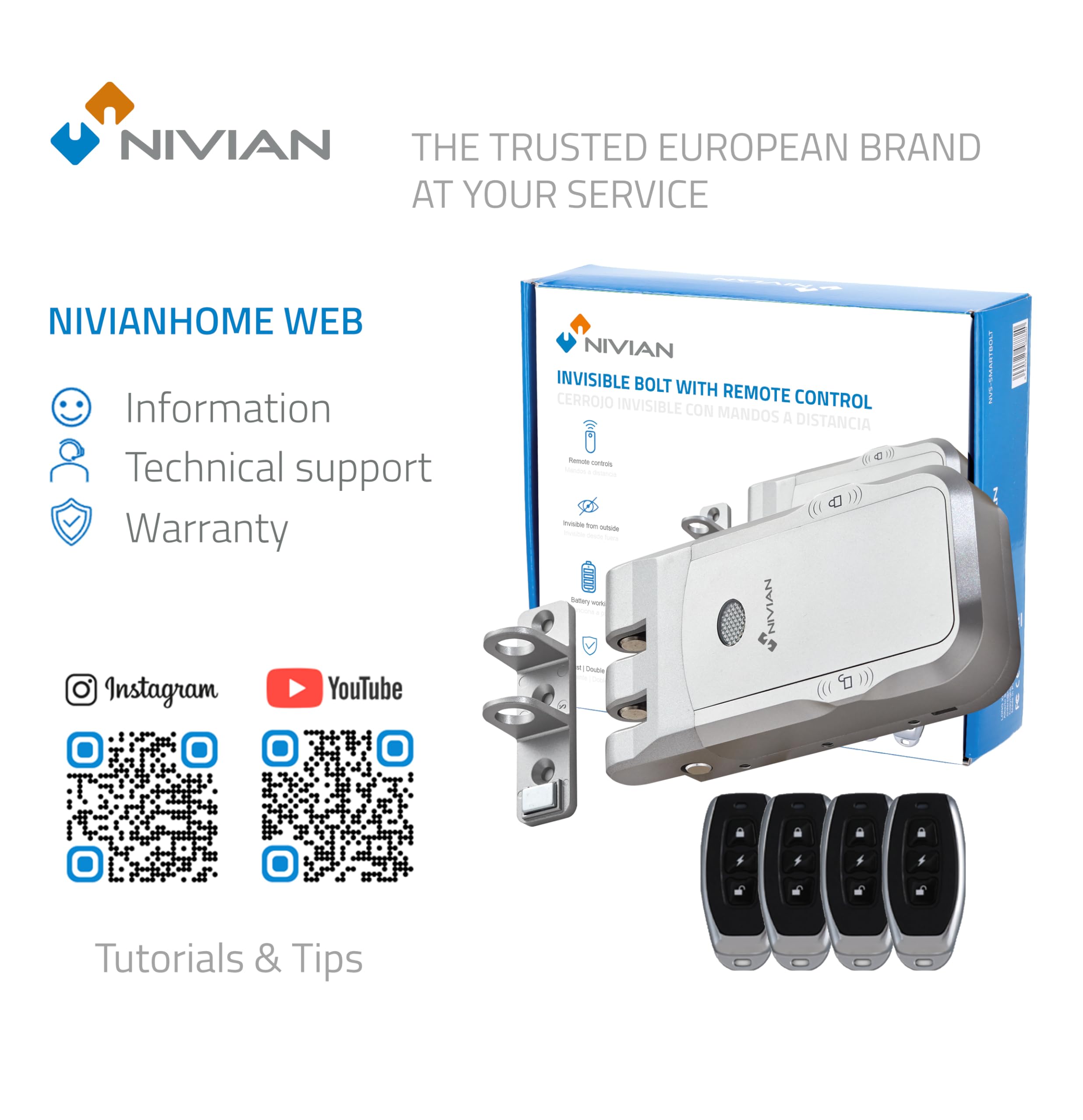 Nivian Cerrojo Invisible Electrónico Inalámbrico – Cerradura Antivandálica por Radiofrecuencia con Mandos a Distancia, Doble Motor, Apertura y cierre desde Interior y Exterior (Sin App)