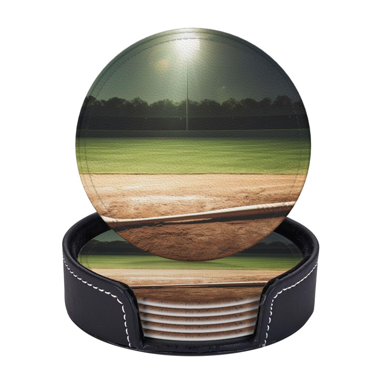6Pcs PU Leather Coaster for Drinks, Baseball Sports Field Cup Coasters with Holder, Aesthetic Drink Coasters for Coffee Table, Round Coaster for Tabletop Protection 4" Cup Mat Pad