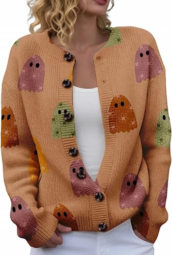 Halloween Sweaters for Women Button Down Cute Print Knit Outerwear Sweater