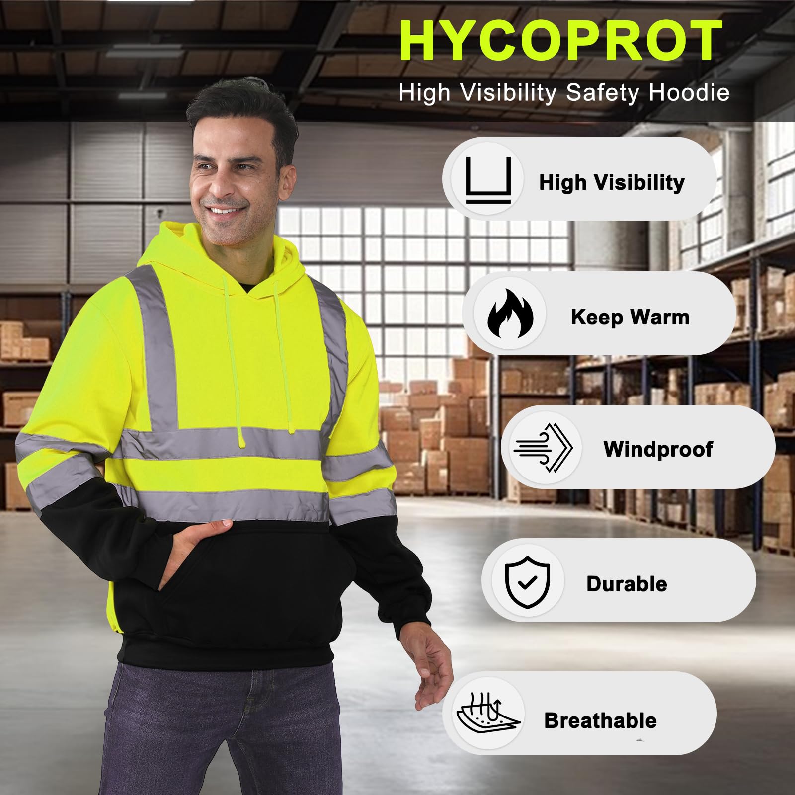 HYCOPROT Sudadera de Alta Visibilidad Forro Polar Reflectante de Seguridad Chaqueta de Trabajo con Capucha Bolsillos Cordón de Chaqueta de Seguridad Top con Cordón para Hombre y Mujere EN ISO 20471