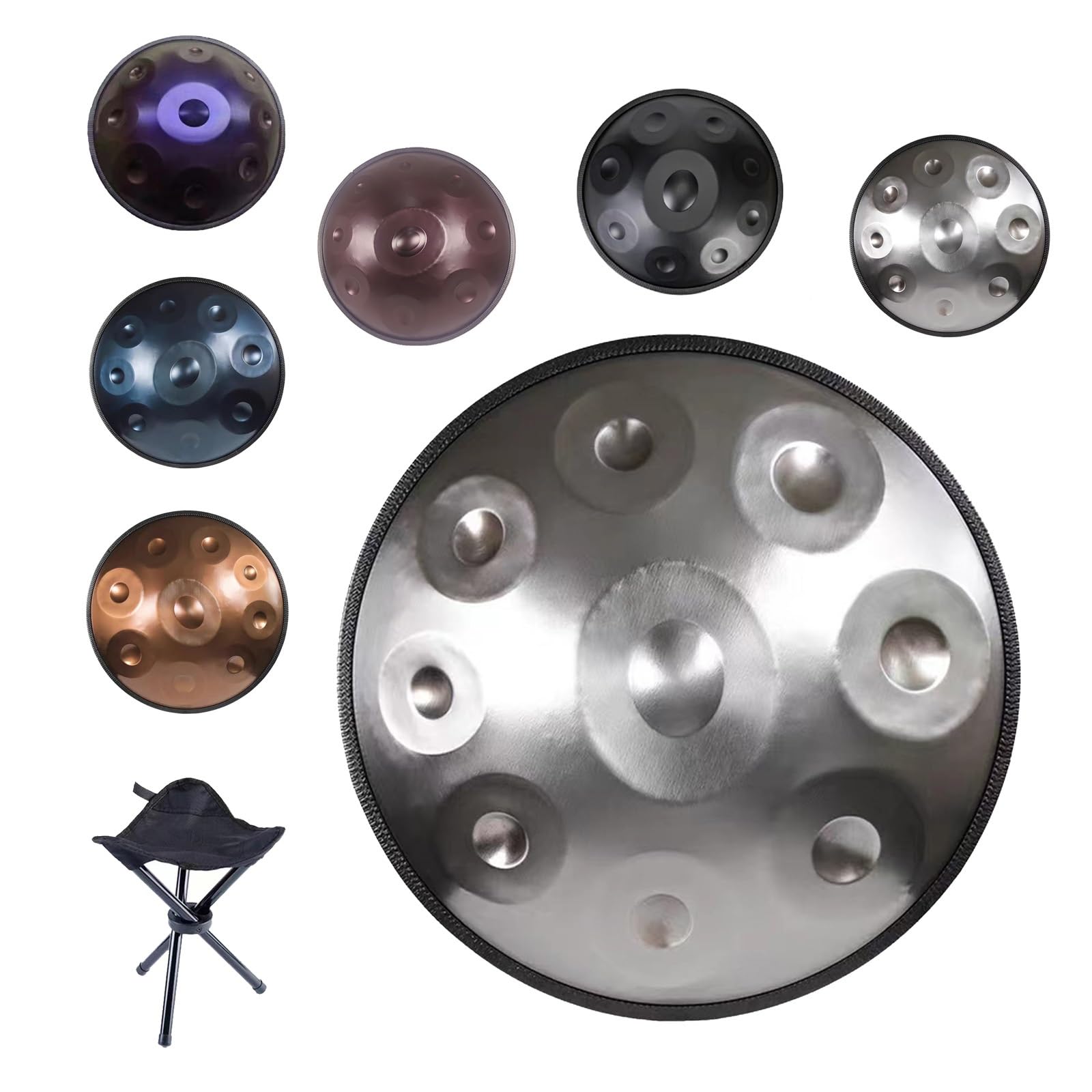 22 Pollici Handpan Professionale in Acciaio Nitrurato, 9/10/12 Note Re Minore Tamburo Armonico Fatto a Mano, 432/440 Hz con Suono Profondo, Include Accessori(D'argento,432HZ/9Note)