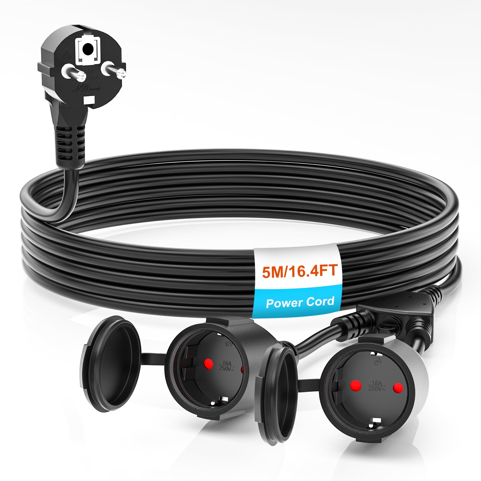 Rallonge Schuko,Câble d'extension 5M pour l'extérieur avec Contact de Protection,1 à 2 Contacts de Protection Extensibles,IP44 Rallonge avec 2 Prises de Courant,16A/250V (5M)