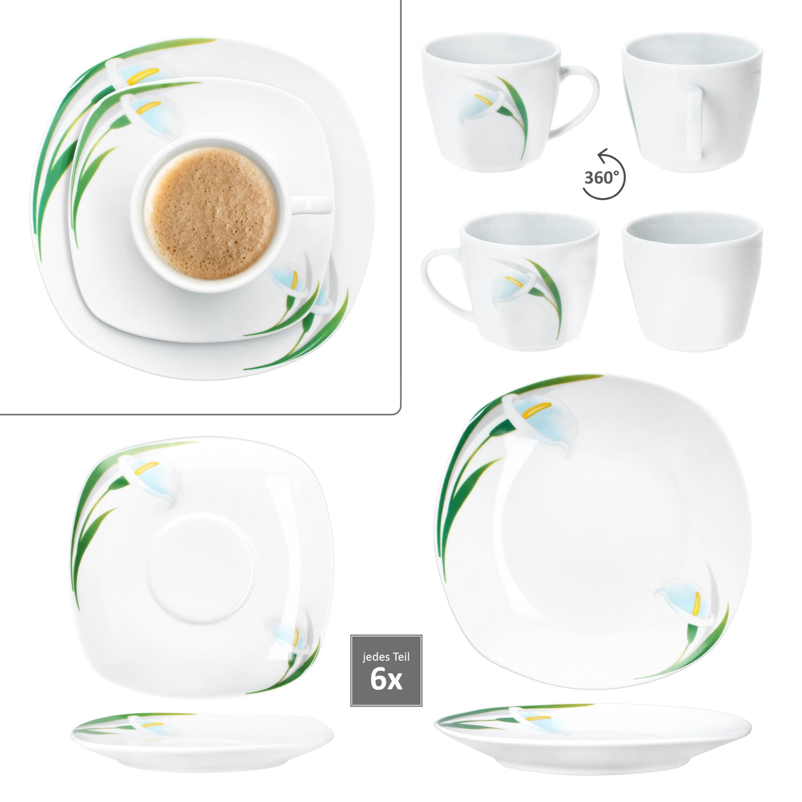 MamboCat 18tlg Kaffeeservice White Calla I Florale stilvolle Porzellan-Geschirr mit Blumen-Dekor für 6 Personen I Je 6X Tassen 150ml, Untertassen & Teller für Frühstück & Kaffee