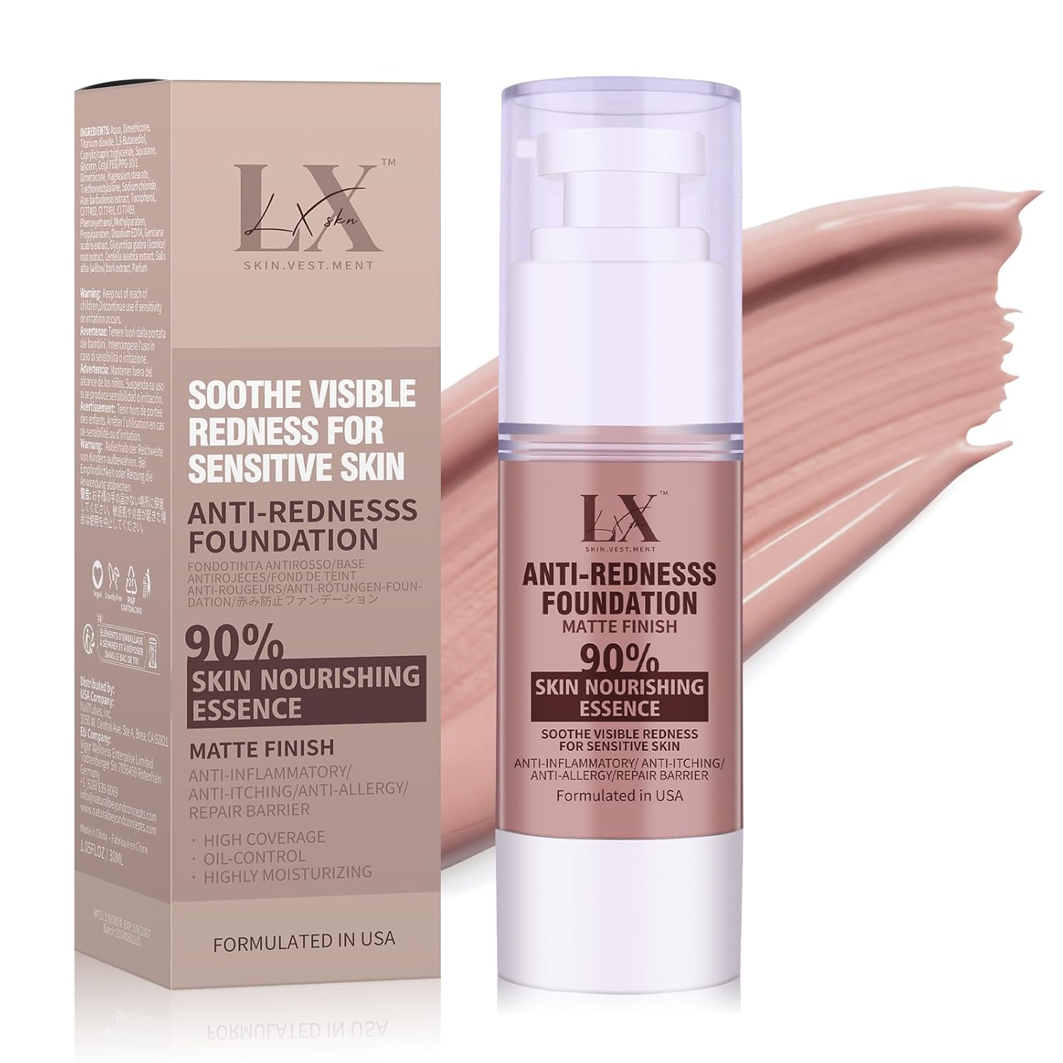 Sensitive Skin Foundation - Serum Foundation with Vitamin E, Sun protection & Deep Hydration for A Smooth & Satin Finish, Vegan & Cruelty-Free (Medium-301)