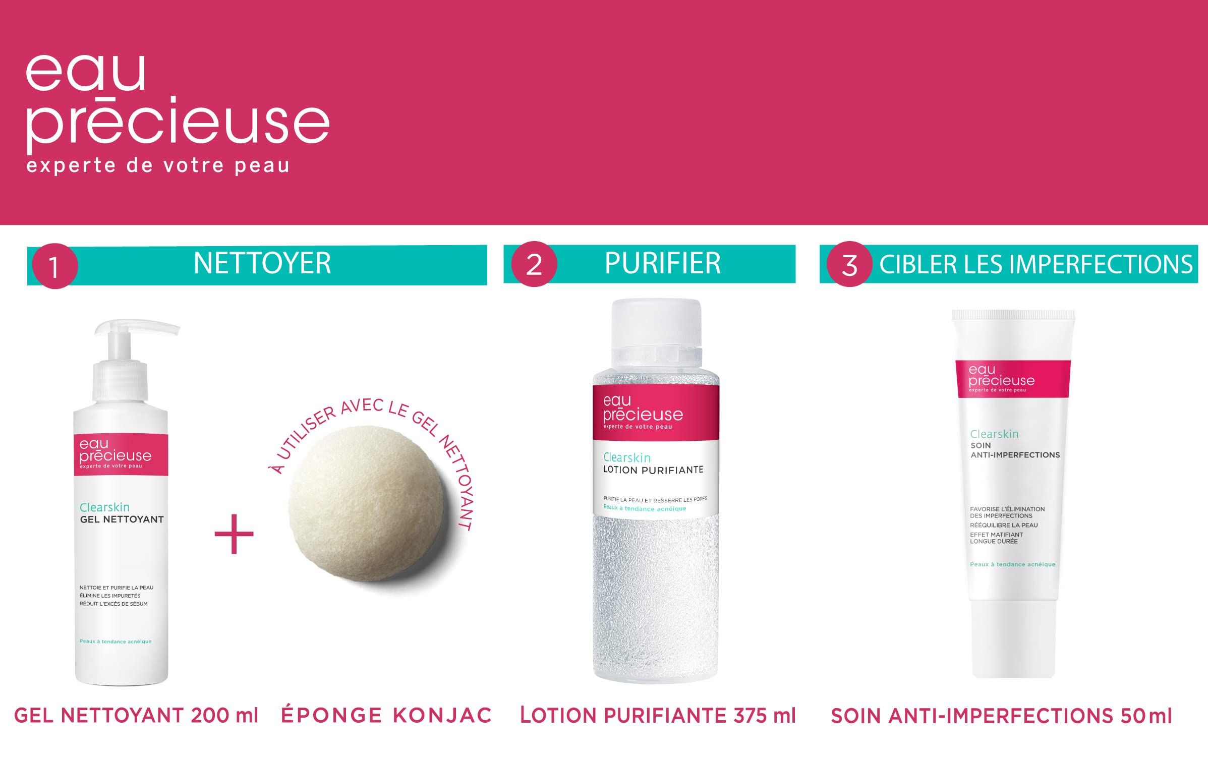 Eau Précieuse - Trousse Mes Indispensables 3 Soins visage - Lotion Purifiante - Gel Nettoyant - Soin Anti-Imperfections + 1 Eponge Konjac offerte