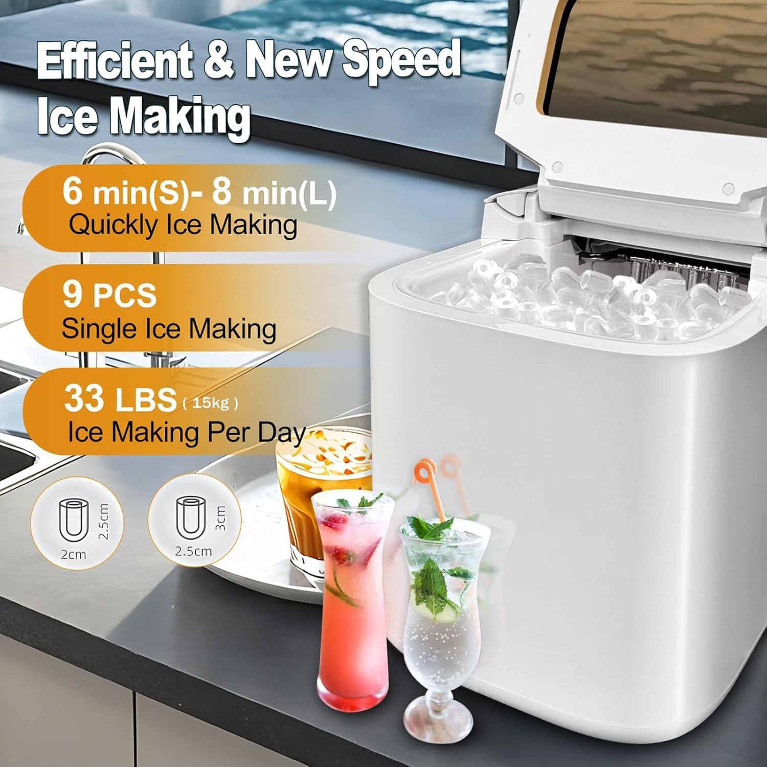 Countertop Ice Maker Portable 15kg/24Hrs 9 Cubes in 6 Mins Self-Cleaning 2 Sizes Bullet -Shaped Ice w/Scoop & Basket for Home RV Office Bar