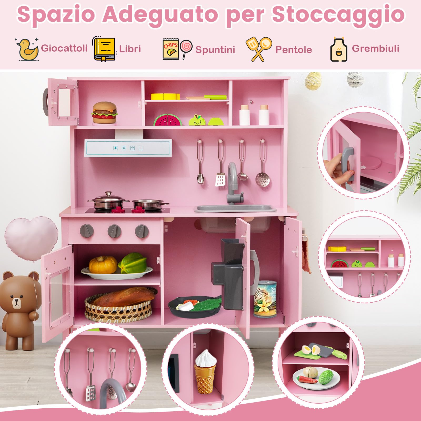 RELAX4LIFE Cucina Giocattolo per Bambini, Gioco Cucina in Legno con Microonde, Forno, Rubinetto, Lavello e 18 PCS Accessori, Mini Cucina per Bambini 3 4 5 6 Anni (Rosa)