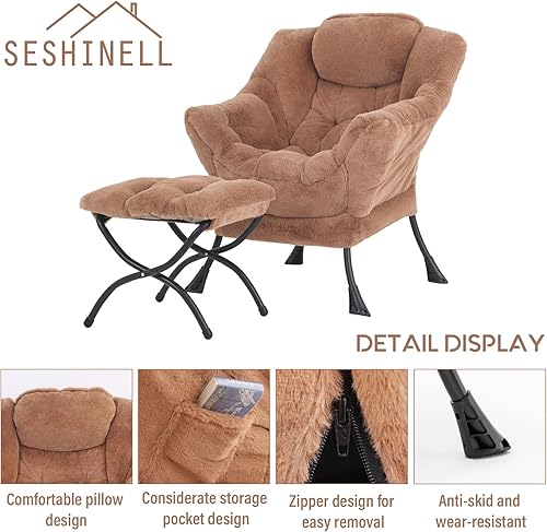 Miniatura 5 de SESHINELL Silla perezosa con otomana, moderna silla de acento con reposabrazos, silla de lectura y reposapiés plegable para sala de estar,