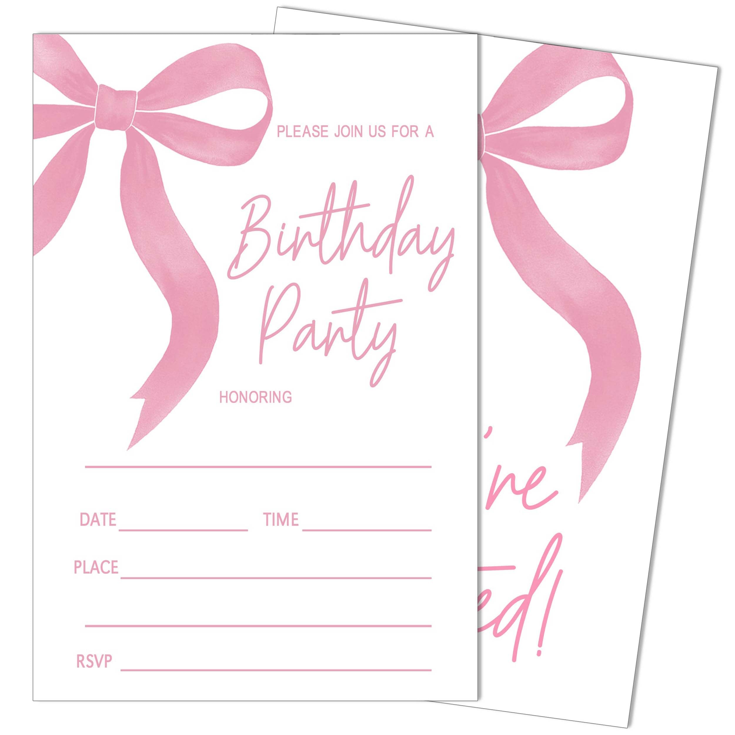 SIXEIGHT 20 Pink Bow Birthday Invitations with Envelopes, Bow Party Invitations for Girls, Elegant Pink Ribbon Design for Girls & Boys, Perfect for