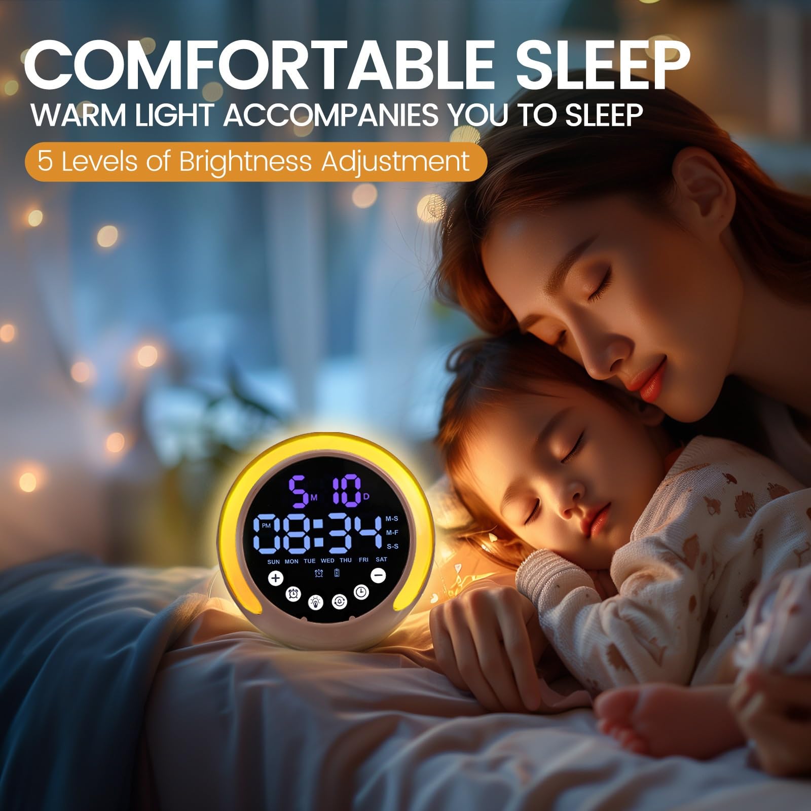 Sonnenaufgang-Wecker mit Farbwechselndem Nachtlicht, 13 Dynamischen Modi und 5 Helligkeitsstufen, Digitaler Wecker für Schlafzimmer, Kinderzimmer, Timer, Kompaktes Design