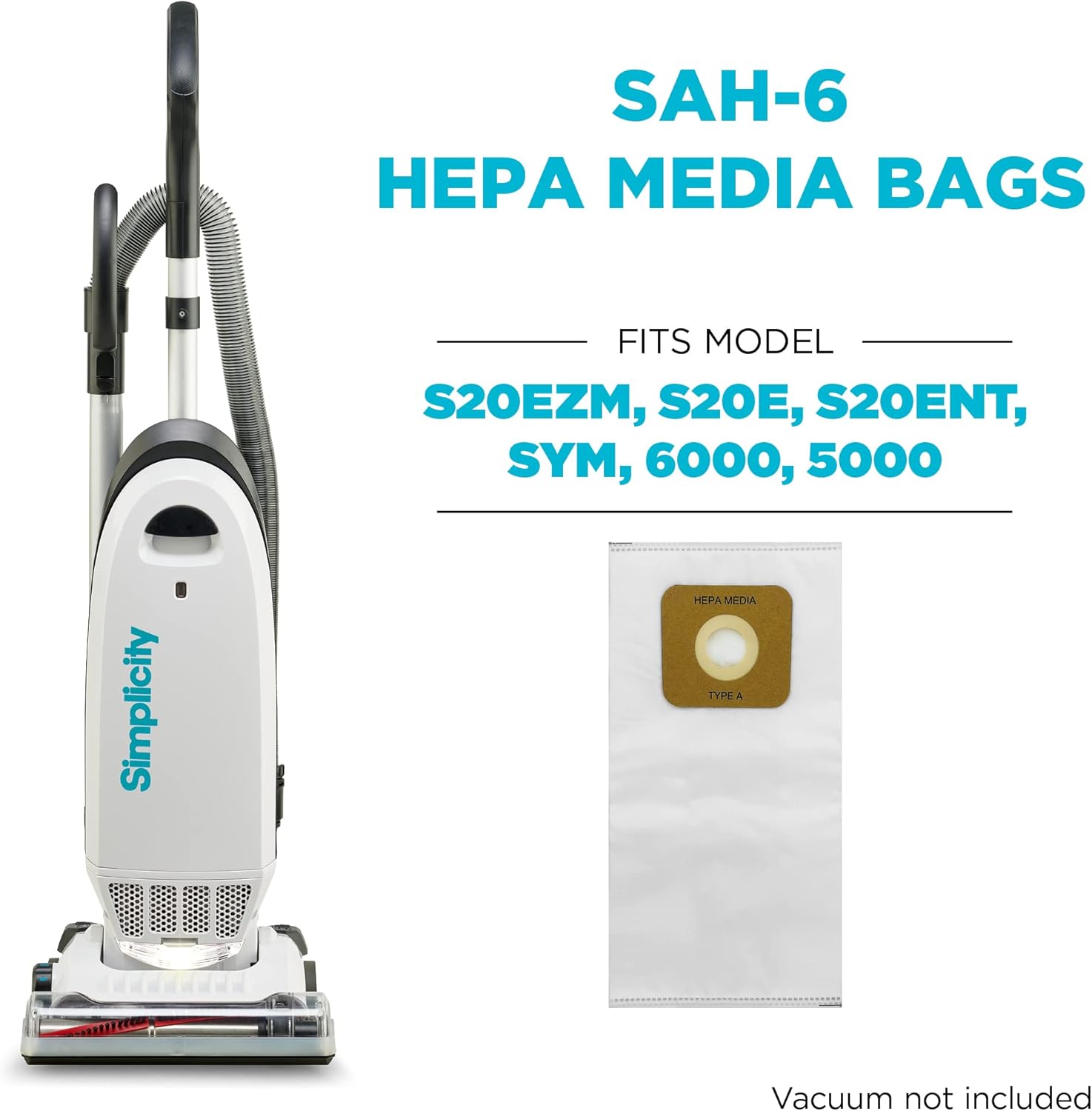 Simplicity SAH-6 Certified Hepa Vacuum Replacement Bags, Fits with S20EZM Allergy Upright Vacuum Cleaner, Symmetry and 6 Series, Type A Bags, 6-pack Set : Home & Kitchen