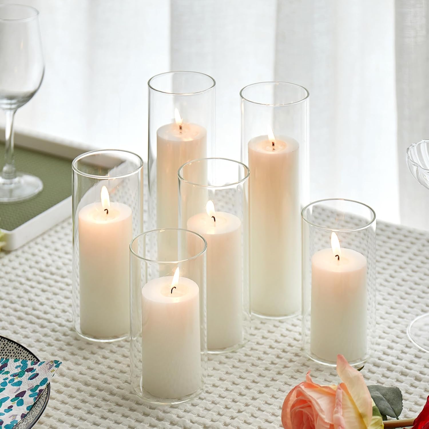 Set of 6 White Pillar Candles with Clear Glass Hurricane Holders- Elegant Cylinder Candle Vases for Weddings, Parties, Centerpieces, Home & Office Decor (White, 6 Set) White 6 SET