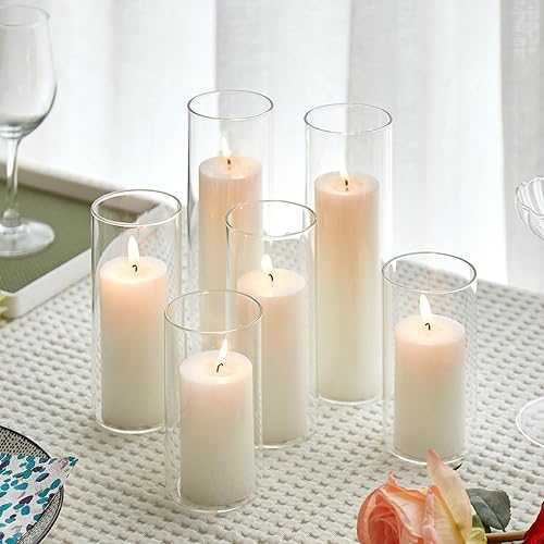 Juego de 6 velas de pilar blancas con soportes de vidrio transparente para huracanes, elegantes jarrones cilíndricos para bodas, fiestas, centros de