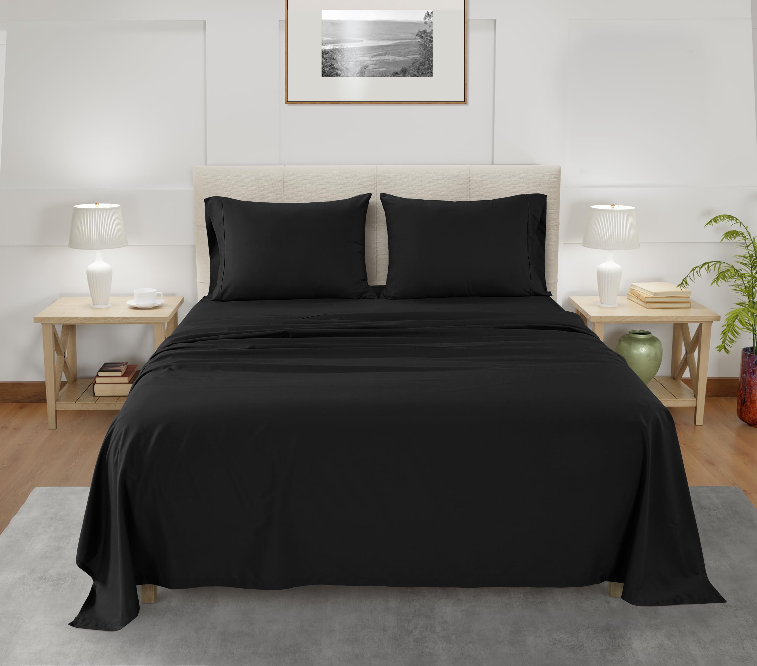 CHATEAU HOME COLLECTION 100% Tencel Sheet Set, Soft, Breathable 300 Thread Count Oeko-TEX Certified Queen Bed Sheets, Cooling Sheets, Fits Mattresses Upto 17"- Black