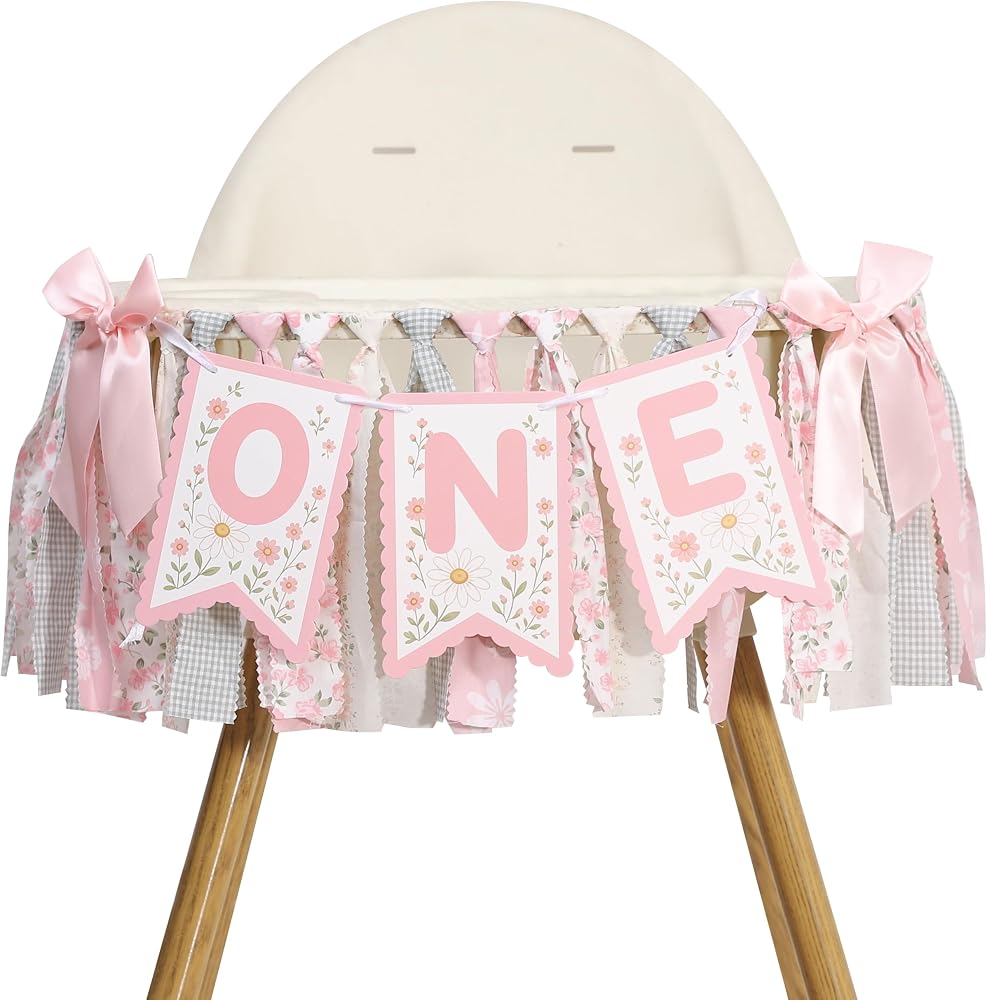 Wildflower 1st Birthday Highchair Banner Pink Ribbon banner — 사진 1