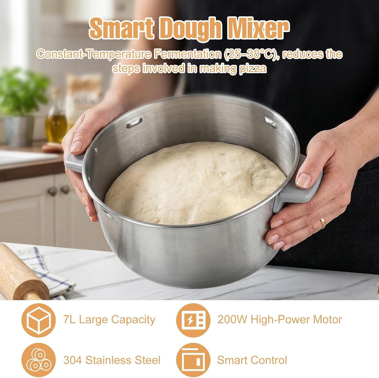 TYH Batidora De Masa De Gran Capacidad De 7 litros, Amasadora De Masa De 200 W, con Fermentación Termostática (25-38 ℃), Batidora De Alimentos De Acero Inoxidable 304 para Hornear