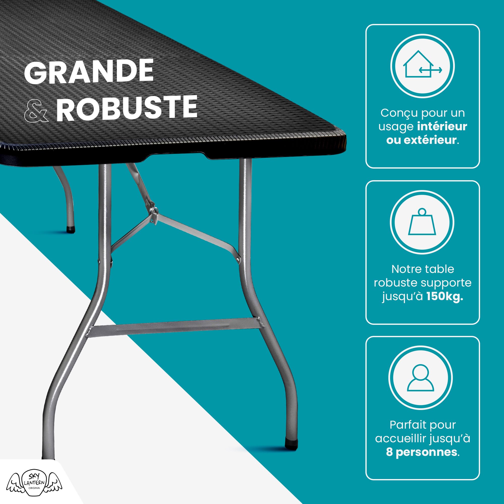 Table Pliante Rectangulaire 180 cm 6/8 Personnes HDPE 3,5 cm Pied Acier Jardin Camping