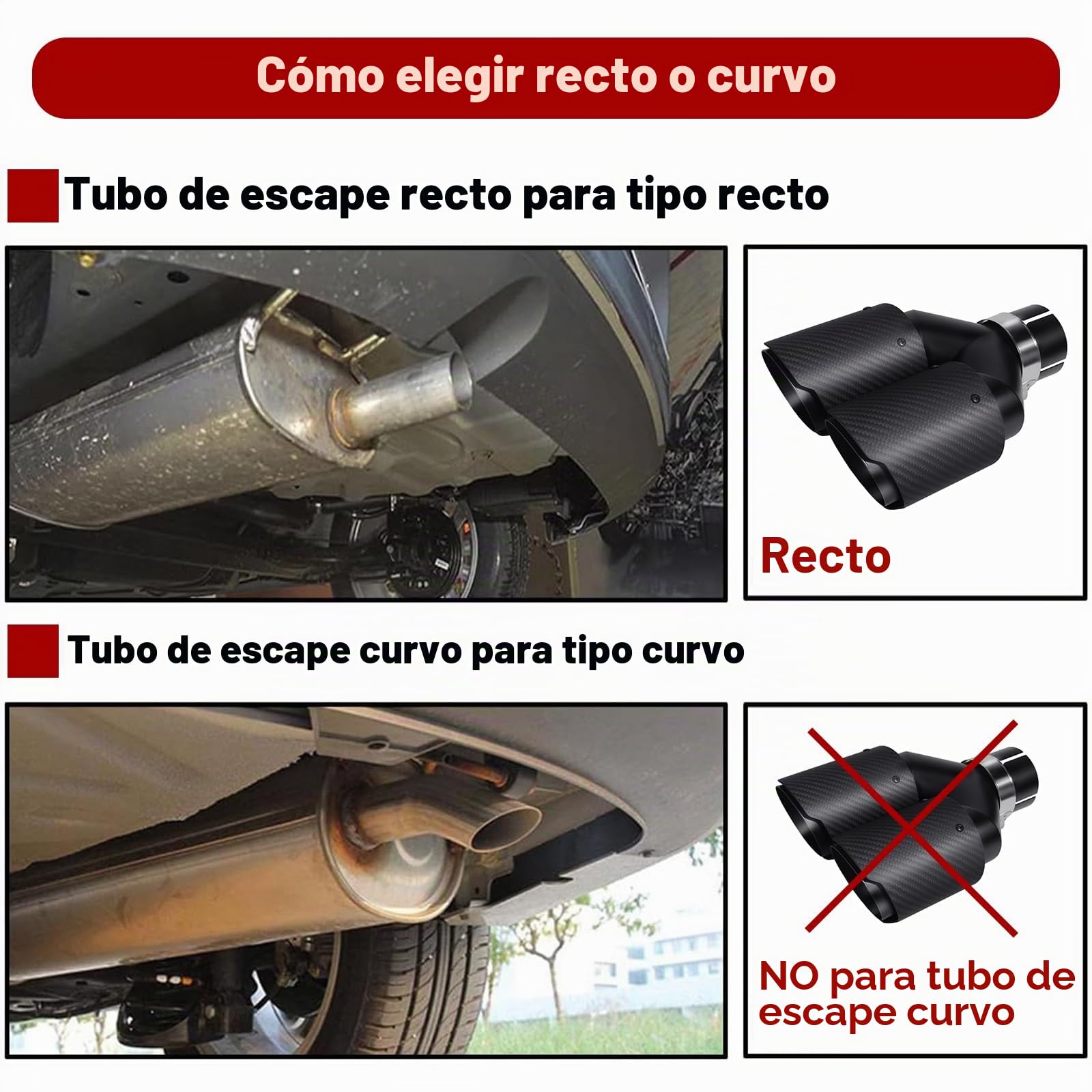 60MM (2.36") Escape Tubo de Acero Inoxidable Engrosado Silenciador Punta de Cola de Coche Extremo de Escape Salida de 3,5" Fibra de Carbono (Doble Salida- Mate Todo Negro, 60mm)