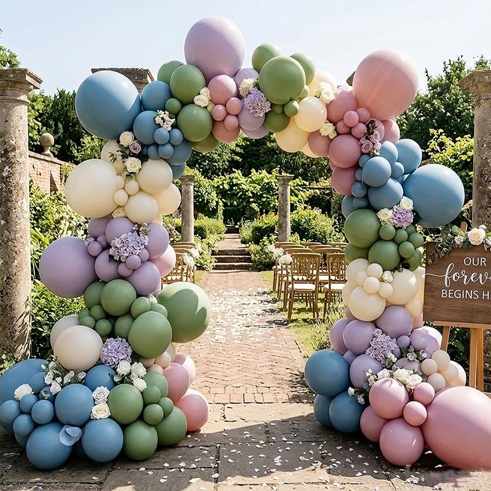 Blue Green Pink Balloon Garland Double Stuffed Sage Green Dusty Blue Pink Purple Lavender Balloons Pastel Balloon Arch Kit for Birthday Baby Shower Gender Reveal Flower Tea Party Decorations