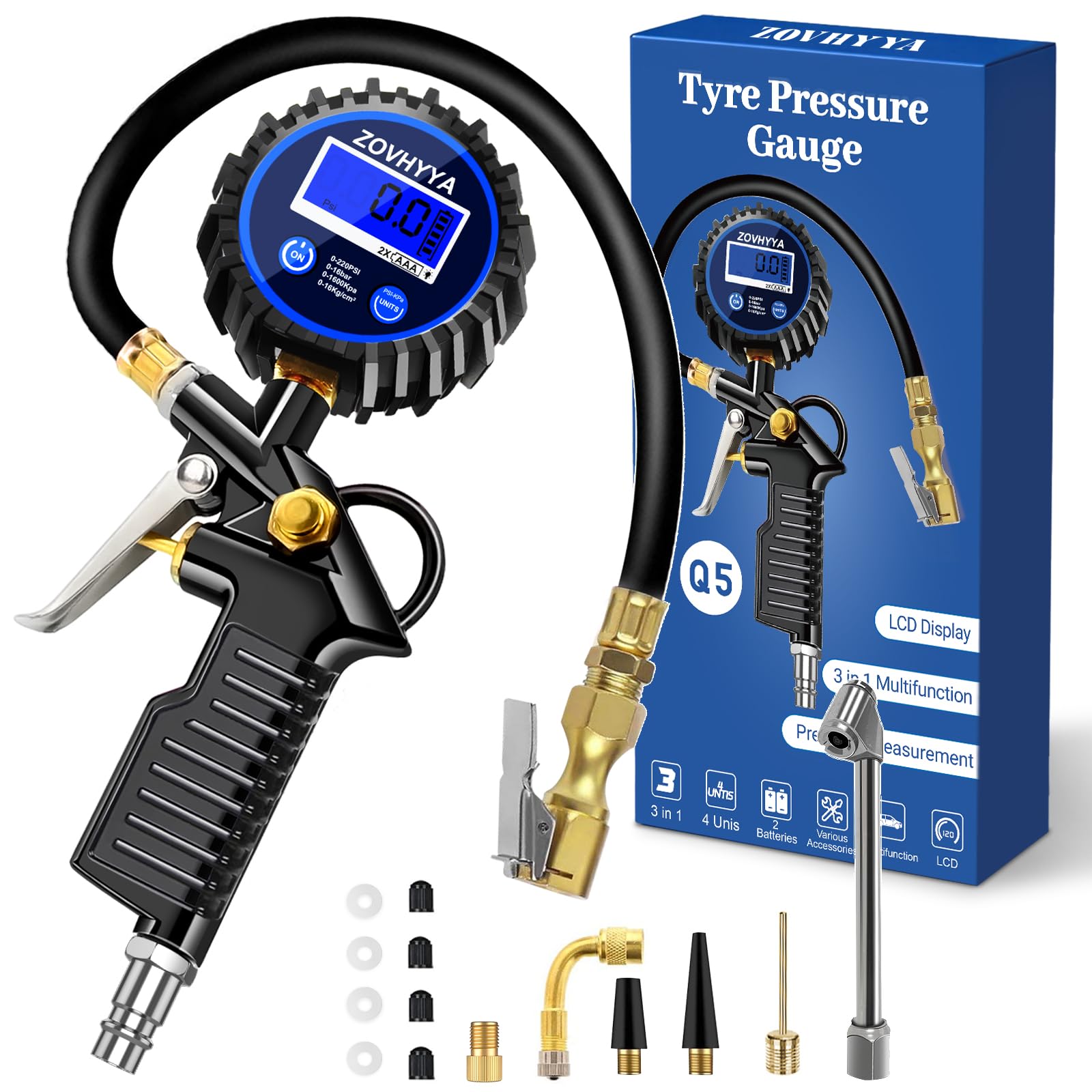 Medidor de Neumático Digital 220PSI Medidor de Presión de Neumáticos Pistola de Inflado Digital con Pantalla LCD 4 Unidades de Medida y Múltiples Accesorios Adecuados para Moto Bcicleta Coche