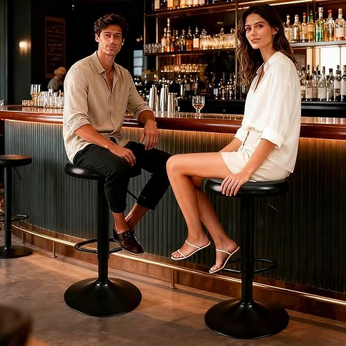 Miniatura 5 de Juego de 2 taburetes de bar ajustables, sillas giratorias sin respaldo y altura de barra, taburetes de bar modernos con marco de metal negro para