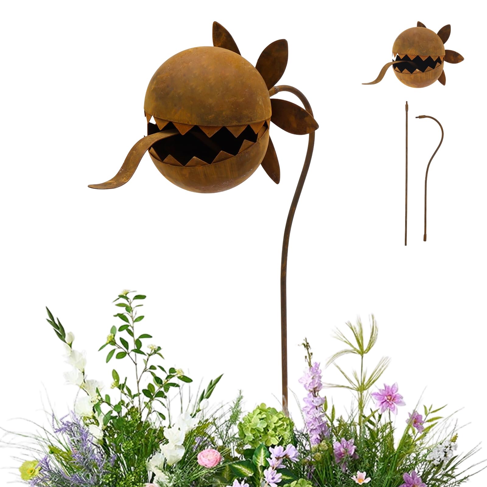 LOUJINGREO 24 Inch Metal Venus Flytrap Stake for Garden Decor,Rustic Metal Carnivorous Plant Sculpture for Outdoor Lawn, Patio, Yard Art, and Pathway Decoration