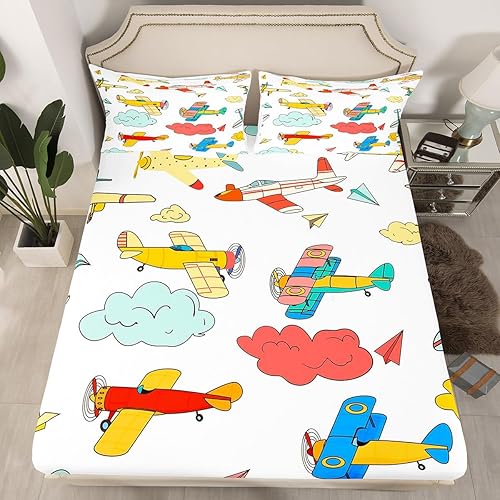 Miniatura 8 de Erosebridal Juego de sábanas de aviones de dibujos animados, tamaño King, juego de sábanas de avión para niños y niñas, lindas nubes de cielo rosa y