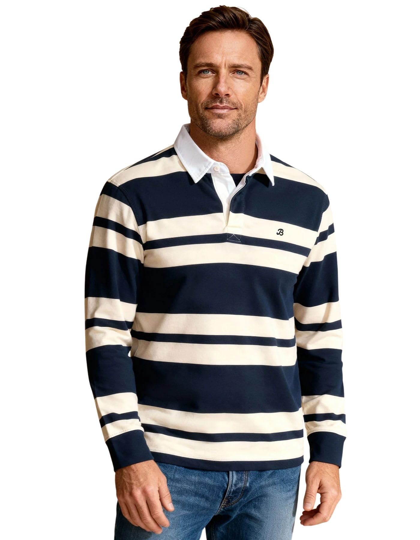 BRIAN OAK LONDON Mens Navy and Cream Striped Rugby Shirt, Bold Stripe Long Sleeve Polo Top (UK, Alpha, M, Regular, Regular, Navy/Cream)