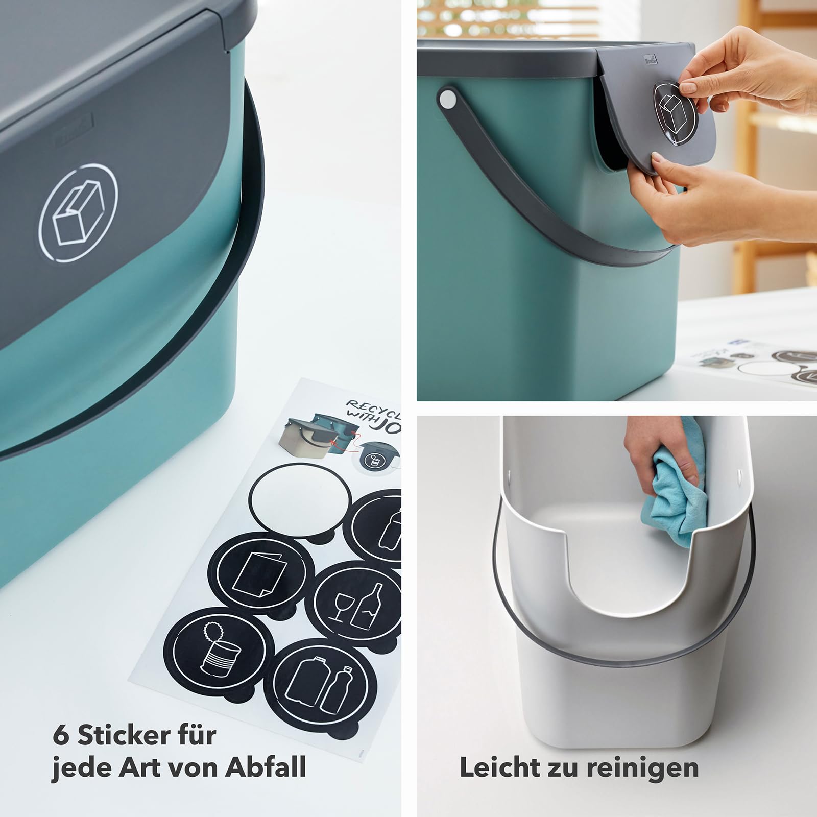 Rotho Albula 2er-Set Abfalltrennsystem 40l | Mülltrennsystem 2fach mit Henkel und Aufklebern | stabil & stapelbar | auch gestapelt zu öffnen | einfach zu reinigen & hygienisch | grün/anthrazit