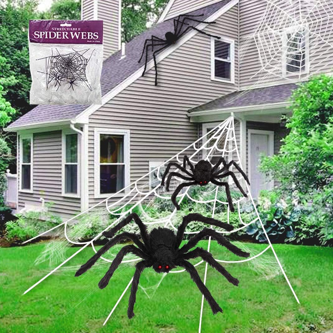 Sugaroom Halloween Decor with 16 Ft Halloween Spider Web + 30" Giant Spider + 20" Spooky Hairy Spider + 2 Small Black Spiders + 200sqft Fake Spider Web Cobwebs for Indoor Outdoor Halloween Decorations